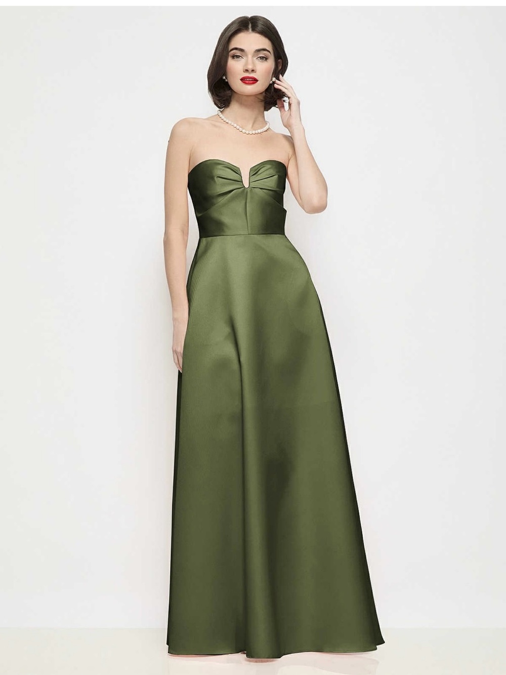 ALFRED SUNG Olive Green Strapless Satin Evening Gown-NWT